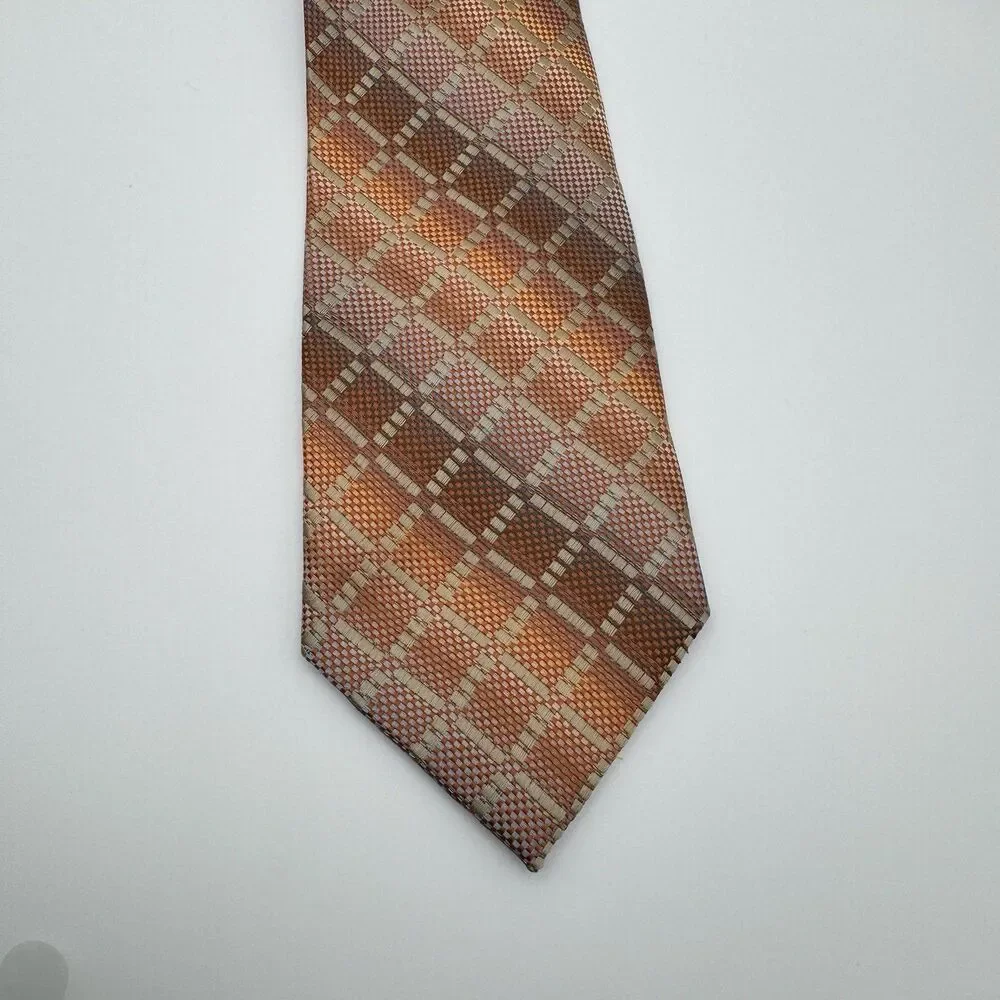 Lucio Lamberti 100% Pura Seta Silk Tie Made in Italy Orange Geometric Plaid 3.75